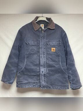 Vintage Carhartt Men's Navy Work Duck Jacket with Brown Corduroy Collar C26 MTD